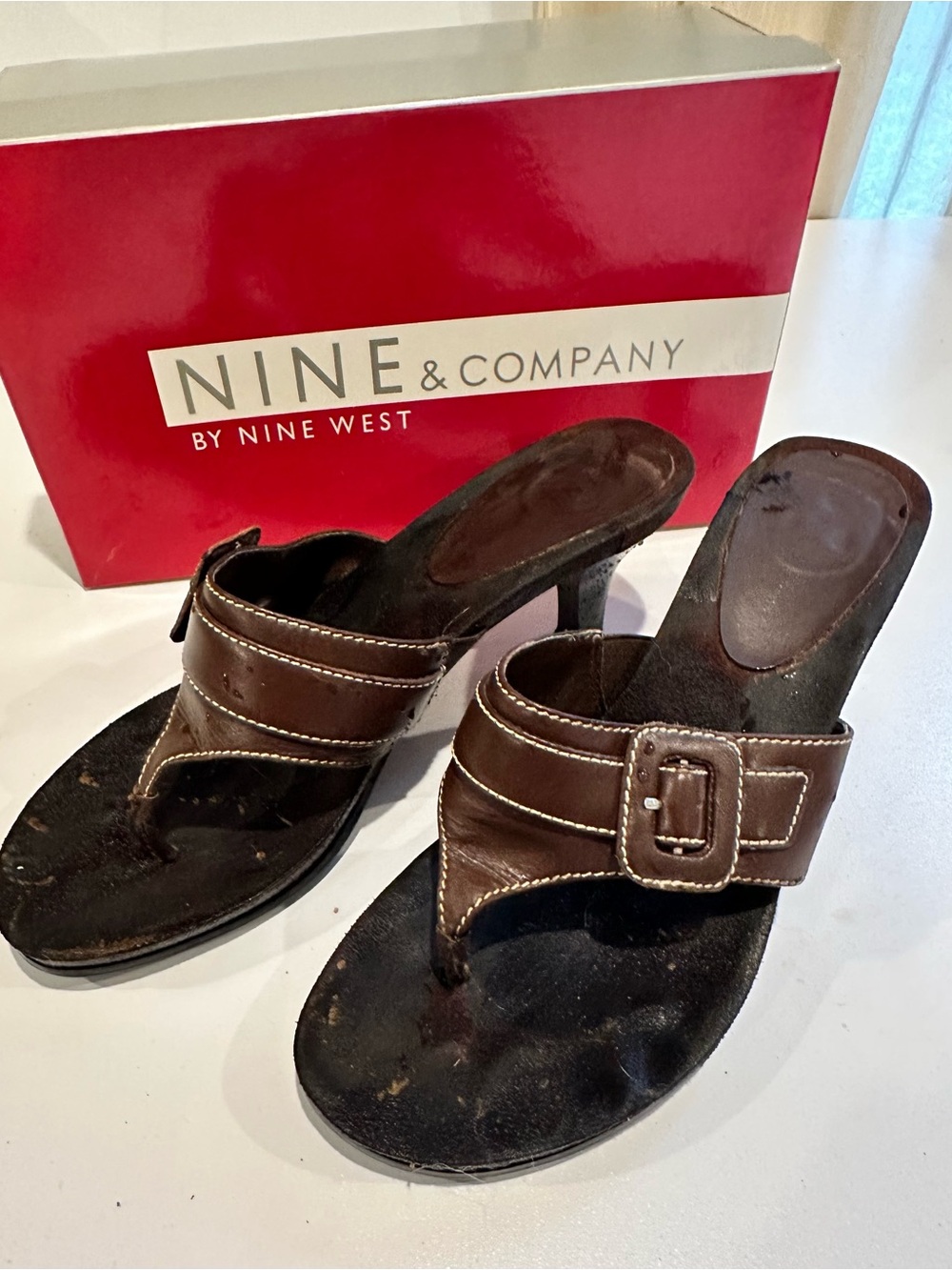 Nine & Company Brown Leather Buckle Heeled Mules - Women